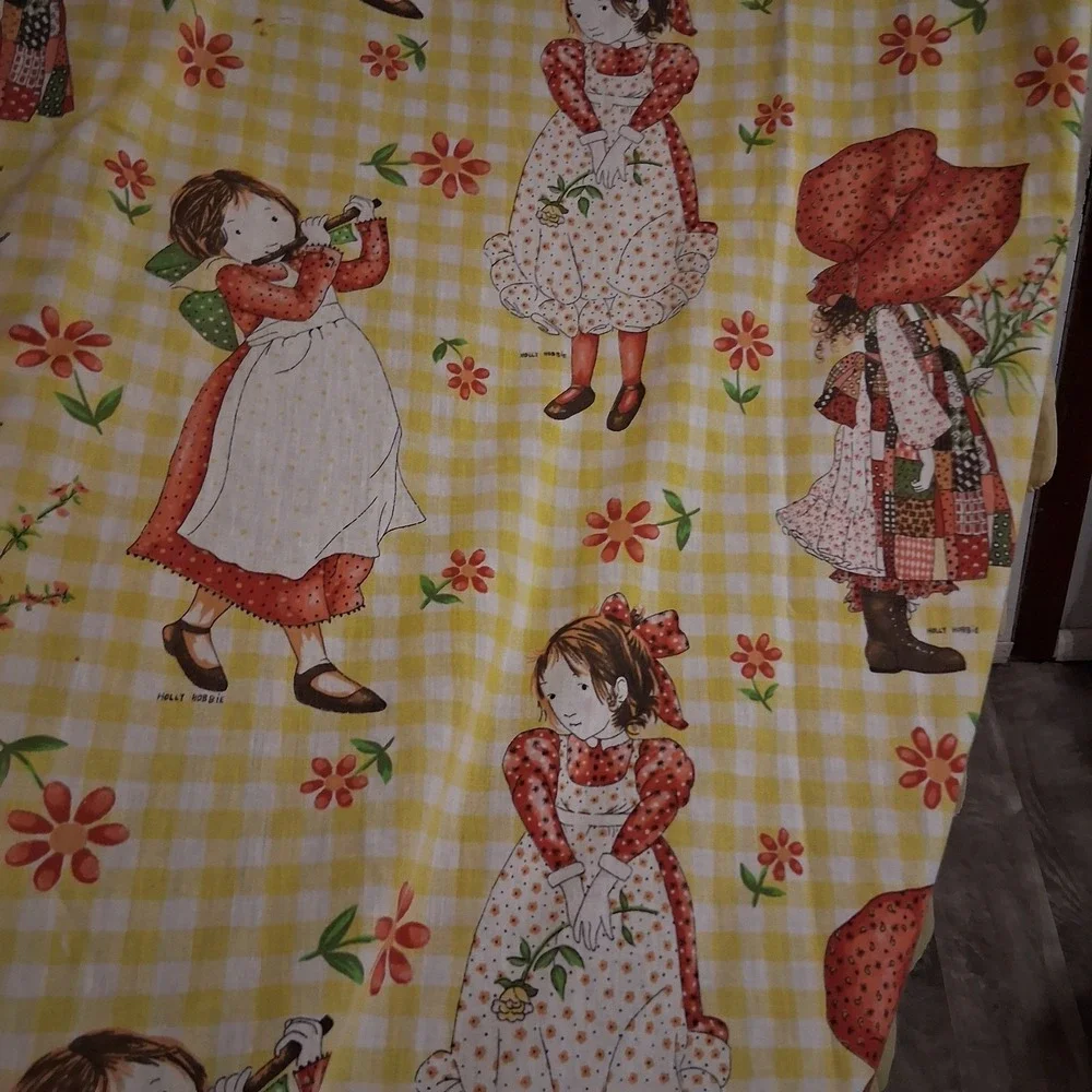 Vintage 1970's Holly Hobbie Thin Style Bedspread Twin Cottagecore Yellow Red AOP